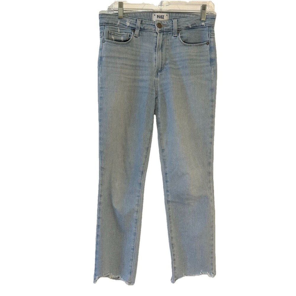 PAIGE Jacqueline Straight Jeans 28 Light Wash Raw Hem Stretch Denim Heavenly